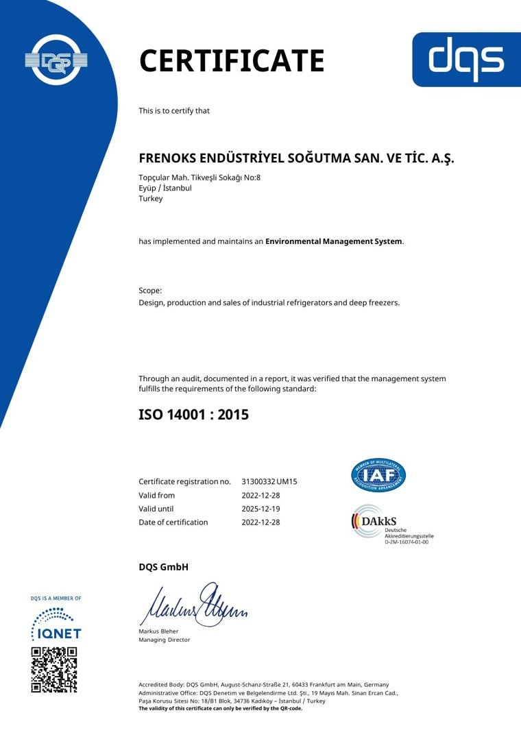 Frenoks Endüstriyel Soğutma ISO 14001:2015 Environmental Management System certificate (DQS)