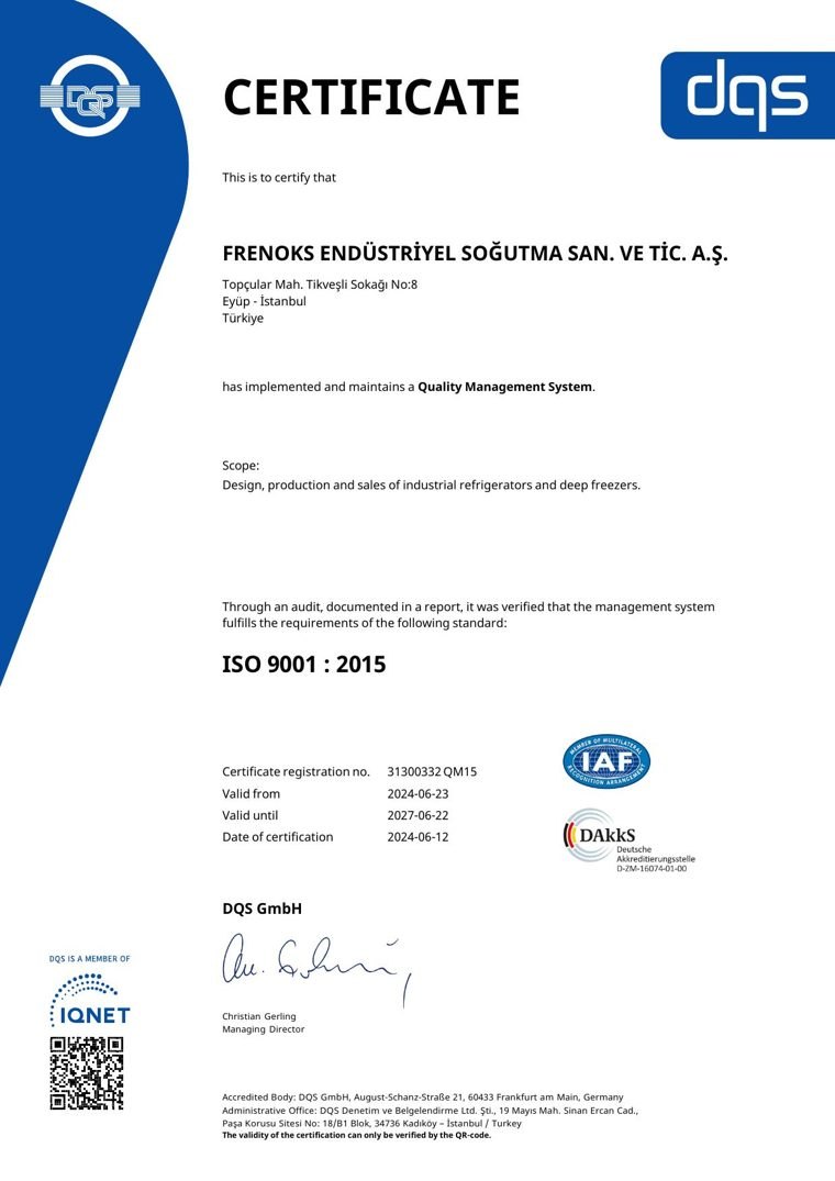 Frenoks Endüstriyel Soğutma ISO 9001:2015 Quality Management System certificate (DQS)