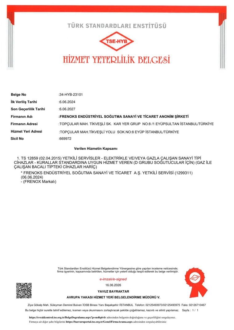 Turkish Standards Institution TSE-HYB Service Competency certificate