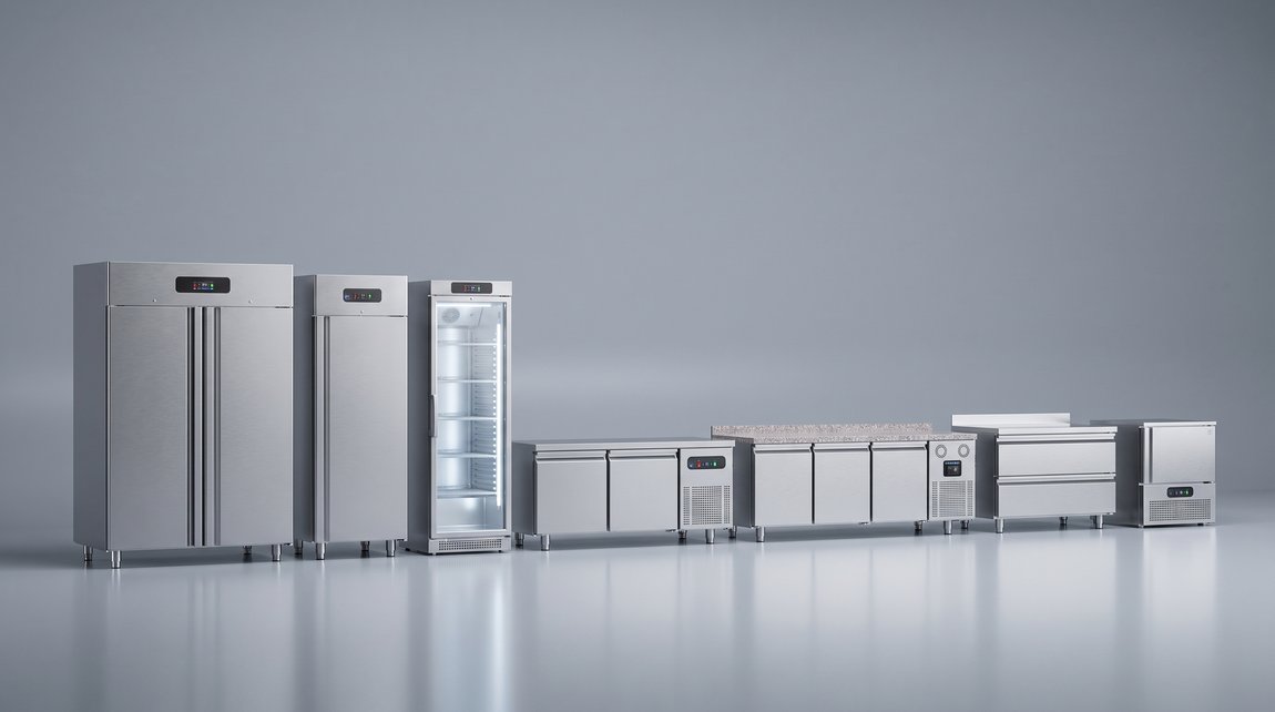 Frenox product range: double-door and single-door vertical refrigerators, a glass-door display cabinet, counter and undercounter refrigerators and a blast chiller side by side